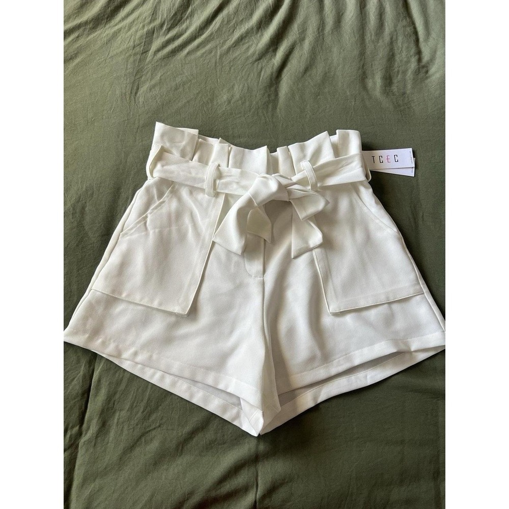 TCEC Women's Paperbag High Rise Tie Waist Belted Shorts Pockets White Small